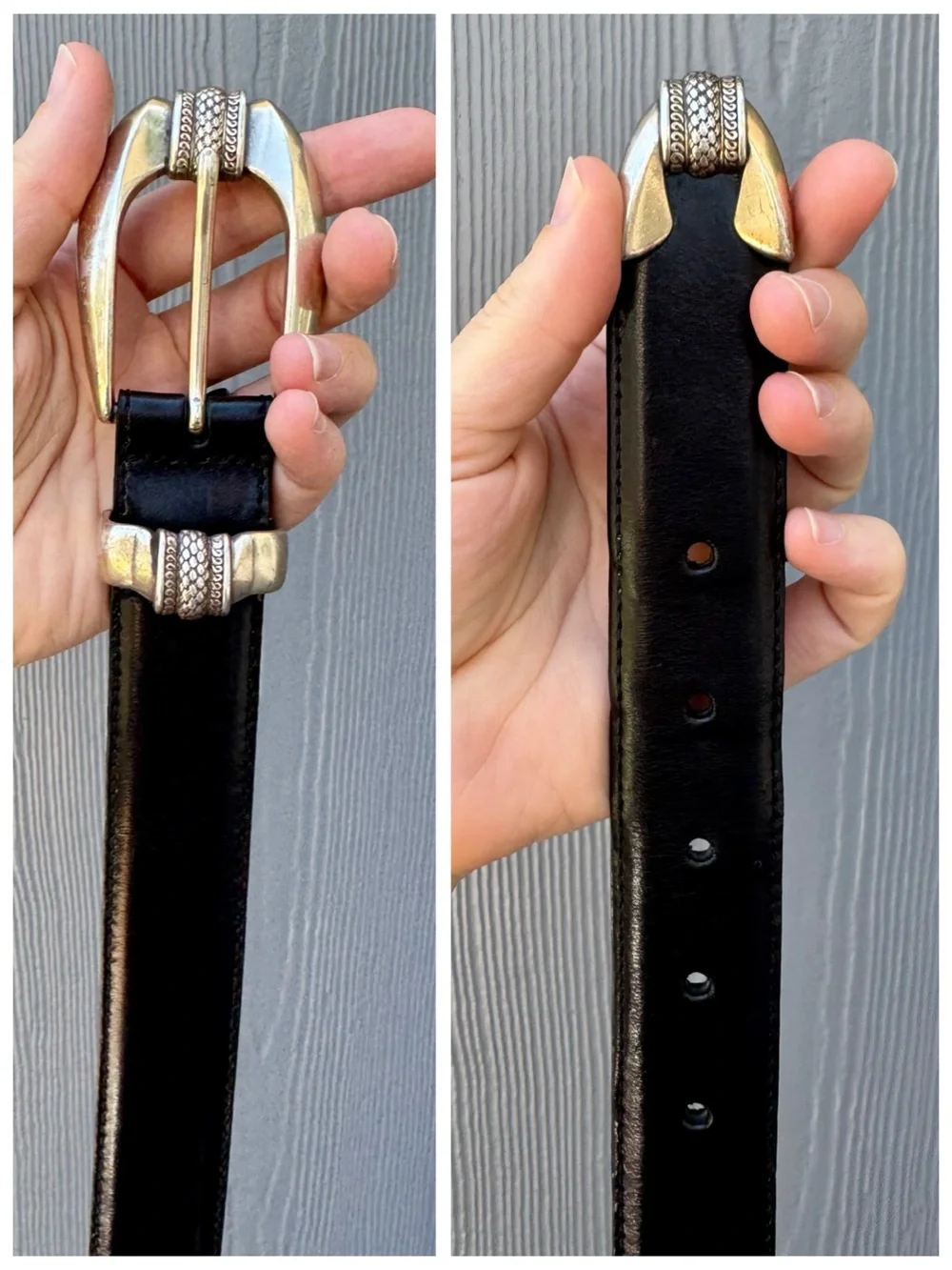 Vintage FOSSIL Black Leather Belt, Silver Western Buckle & Belt Tip sz. M